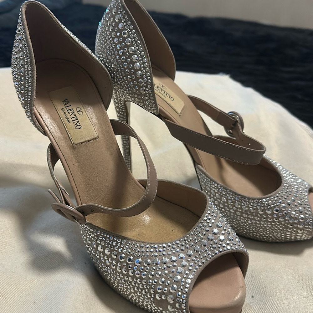 Valentino Micro Stud Beige Suede Mary Jane D'Orsay Stiletto Heels Size 39.5